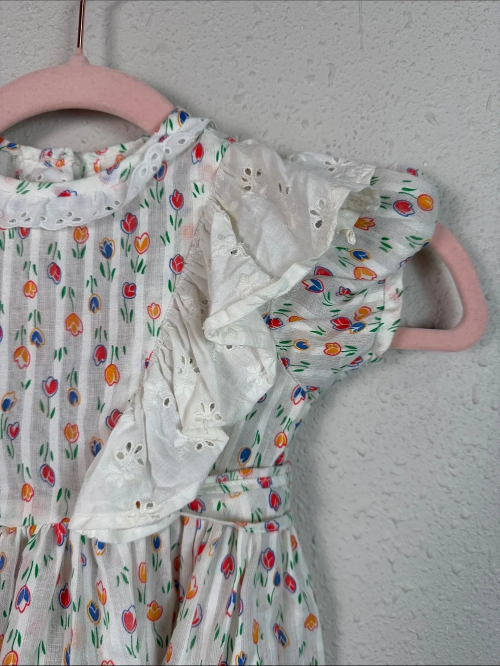 Girls Floral Tulip Print Dress Eyelet Ruffle Cottagecore Spring Easter Party